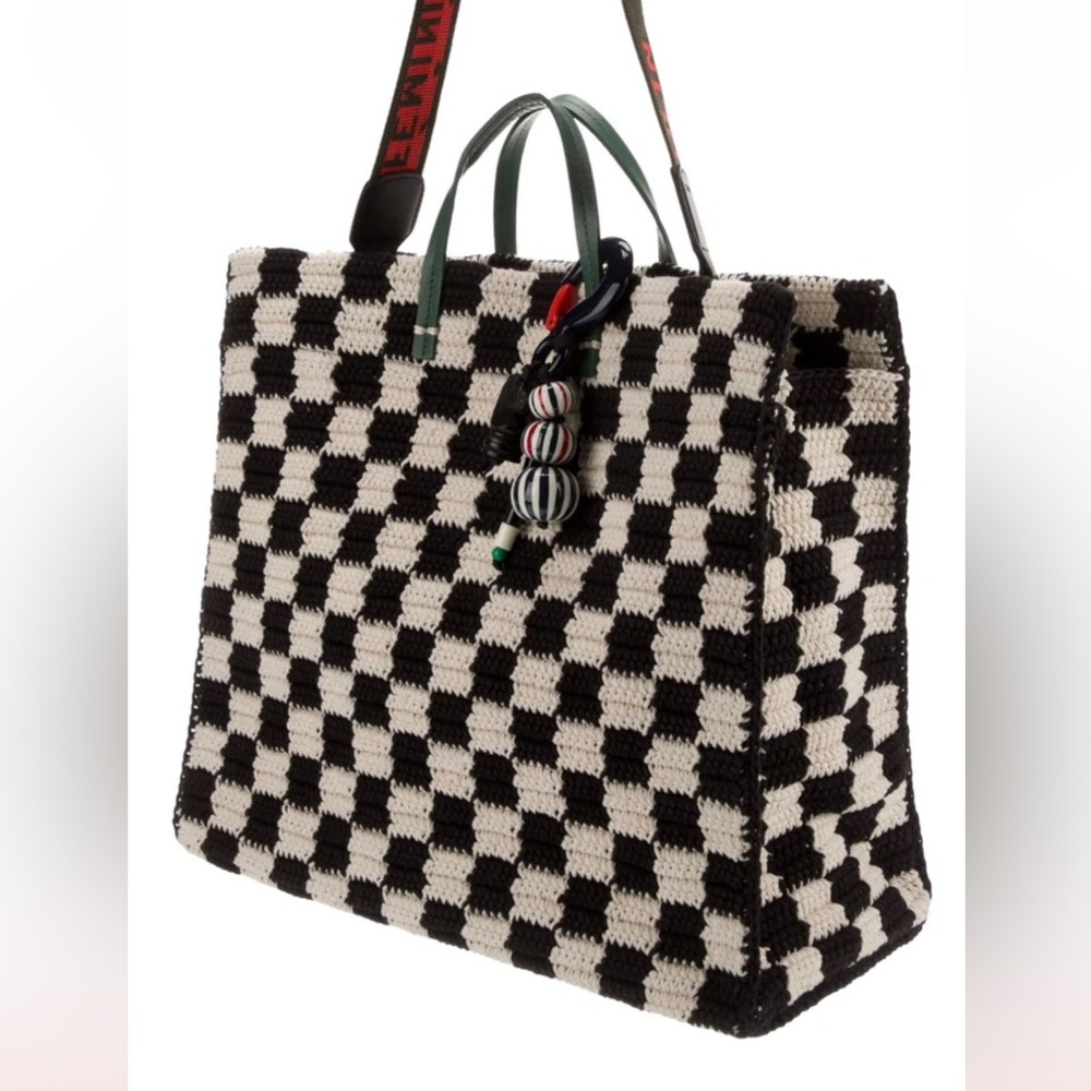 Clare V  Black and White Checkered Crochet Simple Summer Tote Bag